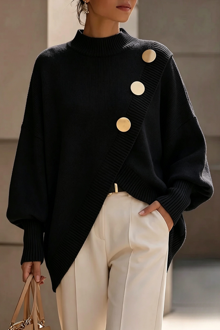 Women's Asymmetric Button Mock Neck Jumper - Black