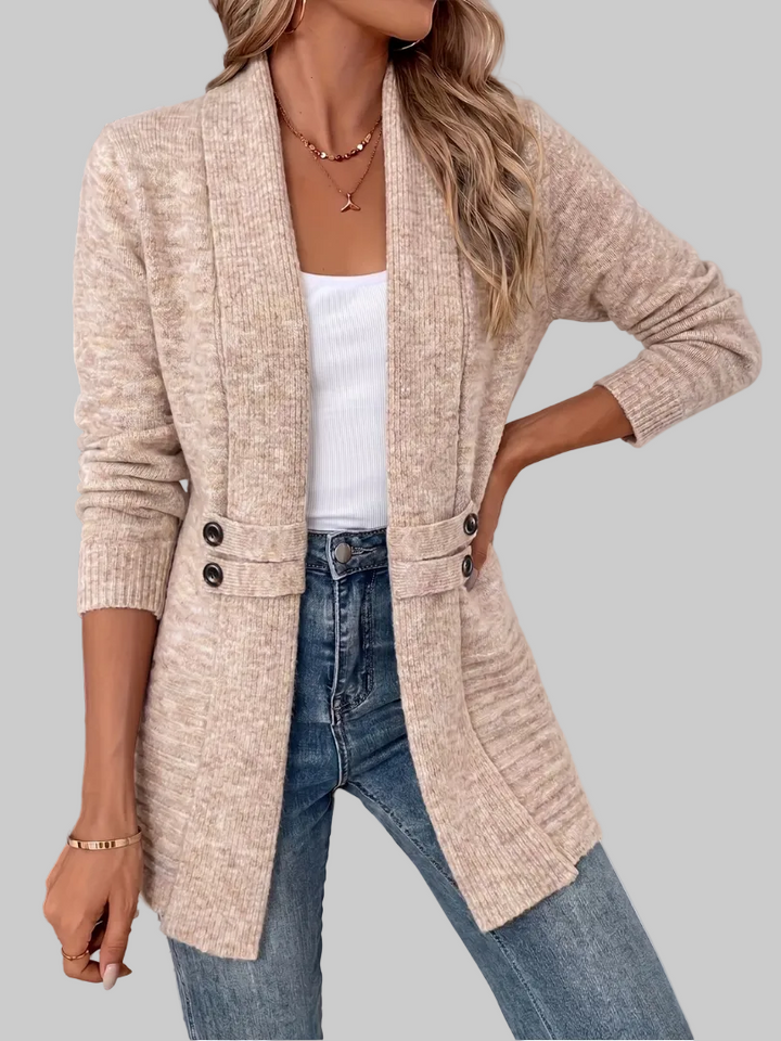 Open-Front Longline Knit Cardigan with Waist Button Detail