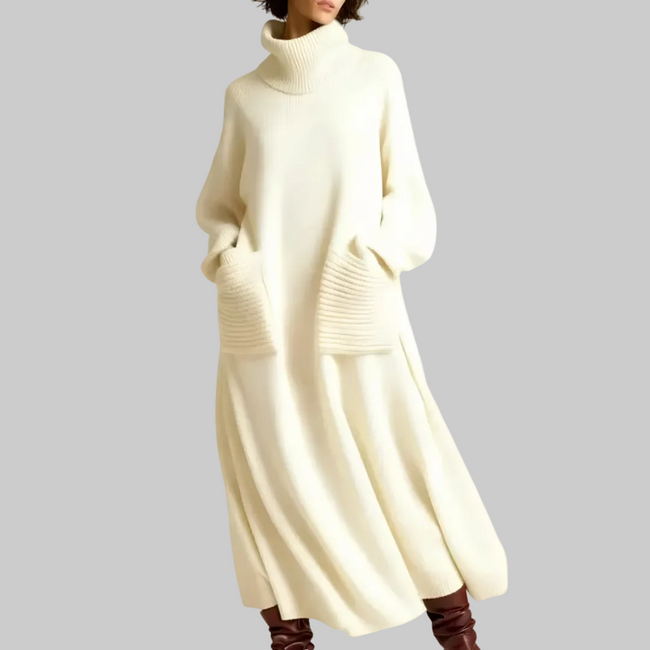 Women's Oversized Knitted Maxi Dress with Roll Neck and Patch Pockets