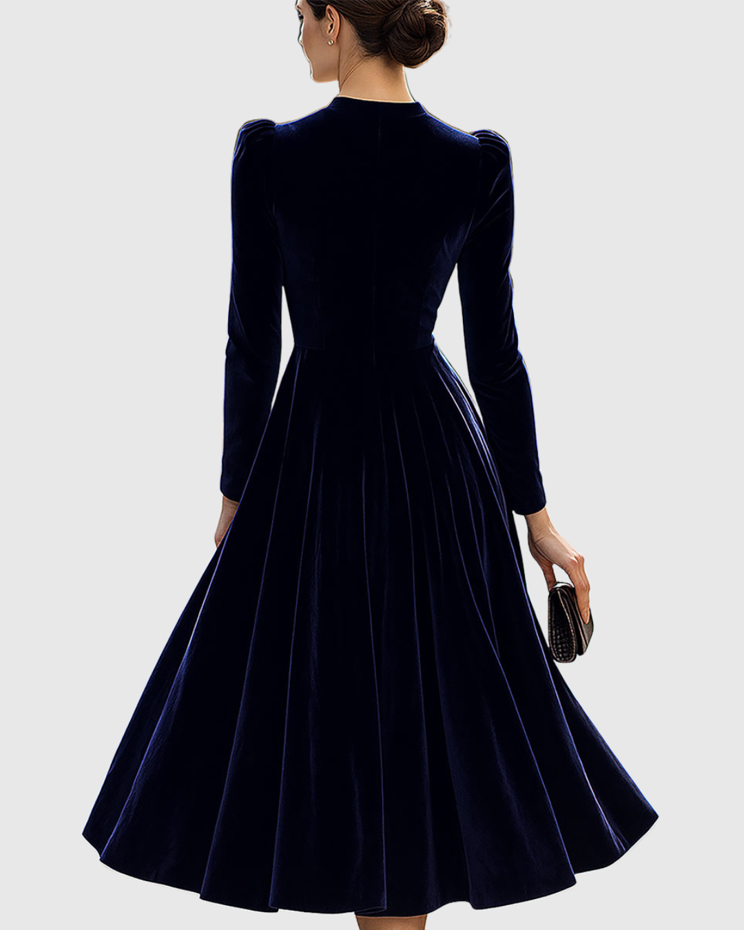 Women's Navy Velvet Long-Sleeve Midi Dress