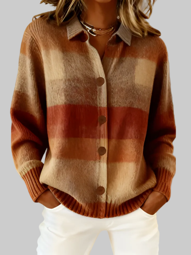 Women's Relaxed Fit Checked Knitted Cardigan with Collar and Button Front