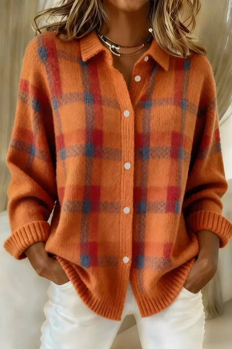 Women's Plaid Collared Button-Up Knit Cardigan - Orange