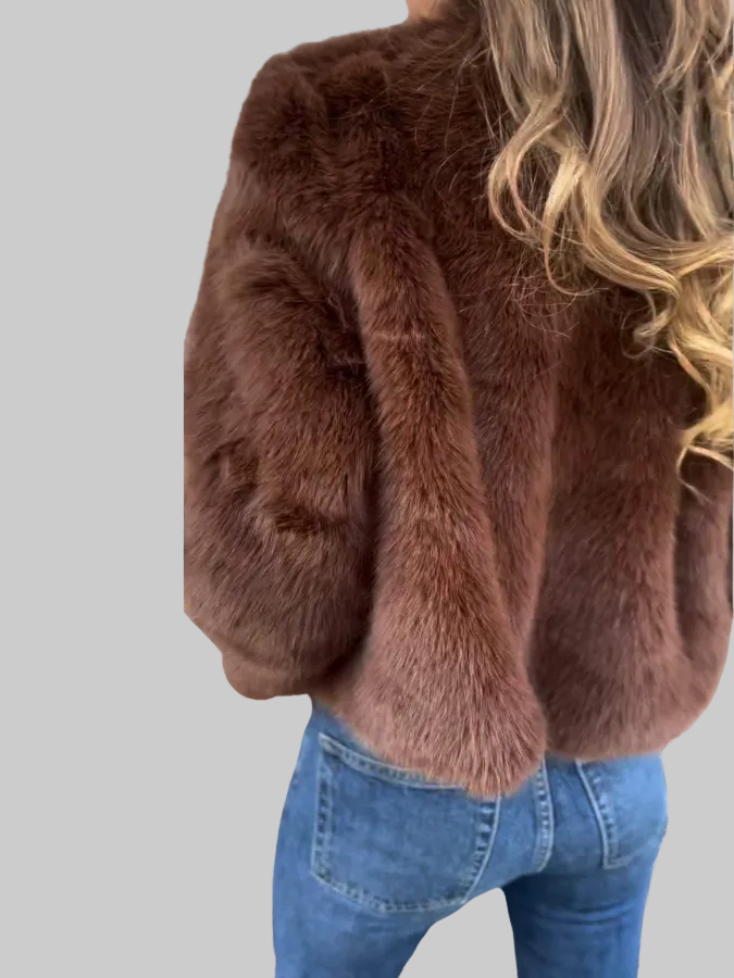 Cropped Plush Zip-Up Jacket with Stand Collar