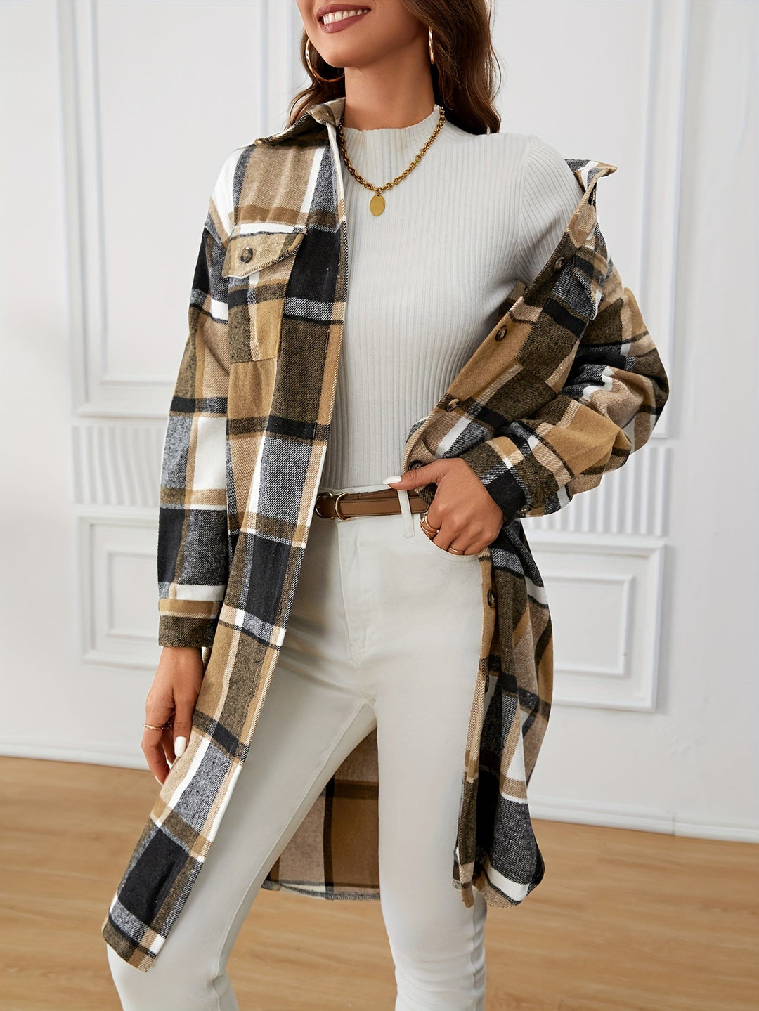 Women's Longline Plaid Button-Front Coat