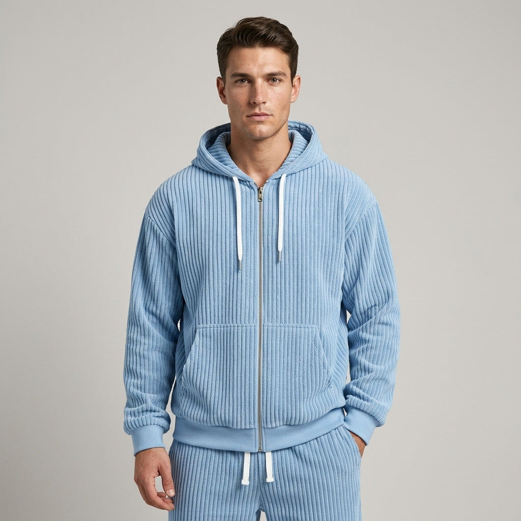 Women's Corduroy Hooded Zip Jacket and Jogger Set - Carolina Blue