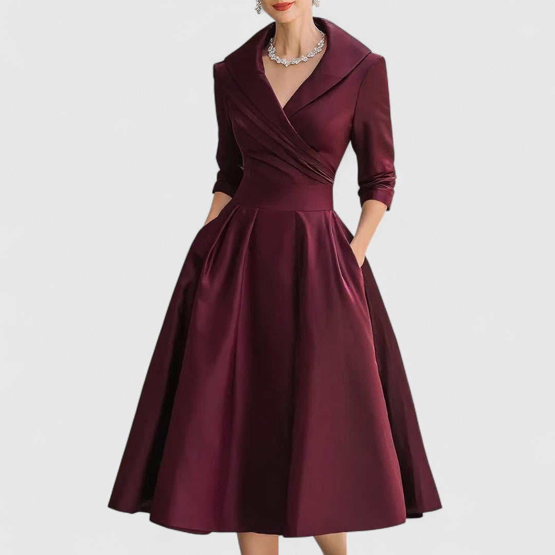 Women's V-Neck Midi Dress with 3/4 Sleeves and Cinched Waist