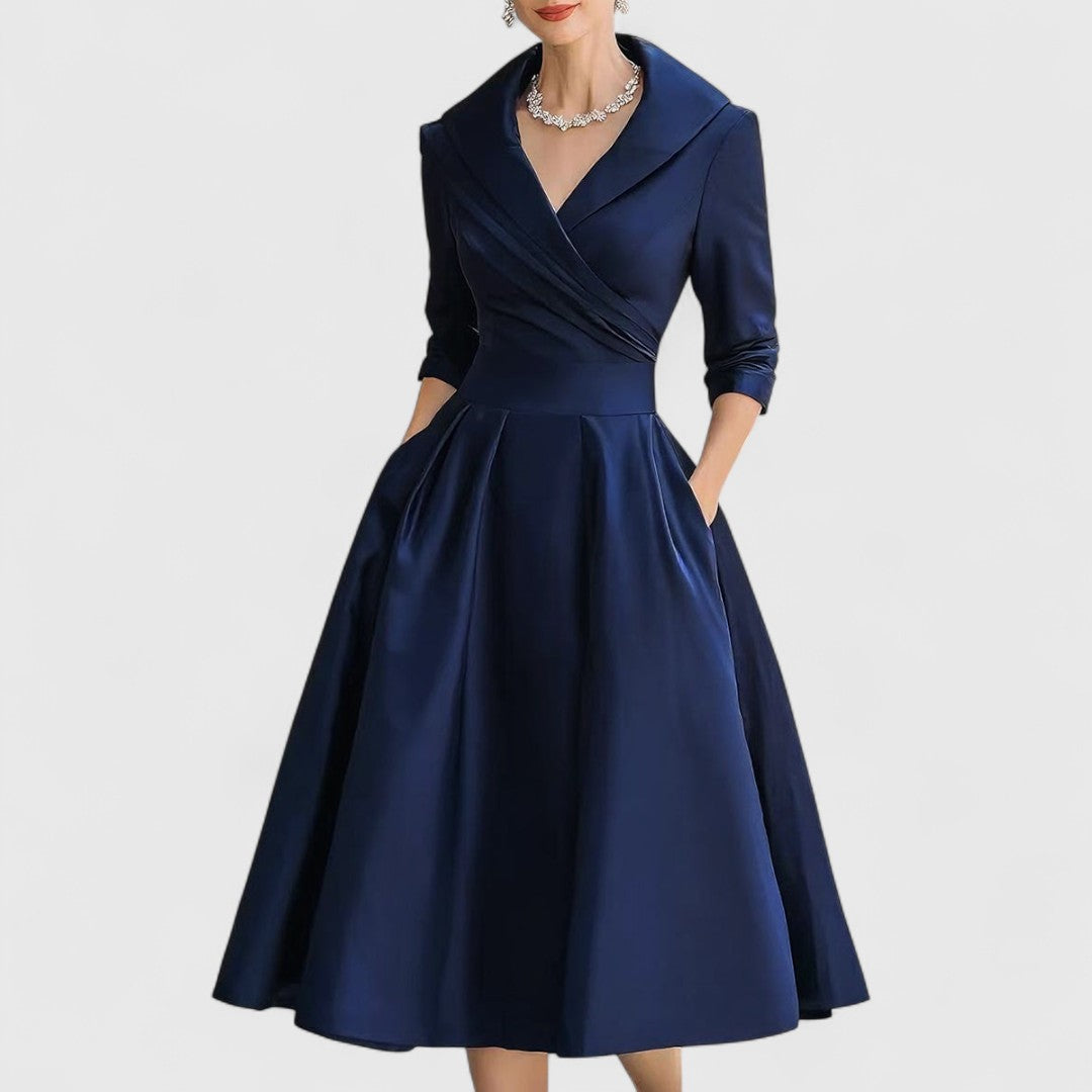 Women's V-Neck Midi Dress with 3/4 Sleeves and Cinched Waist