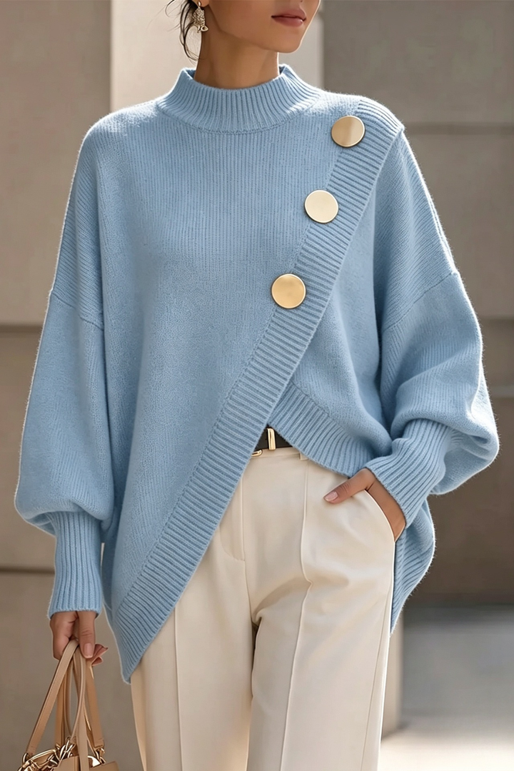 Women's Asymmetric Button Mock Neck Jumper - Light Blue