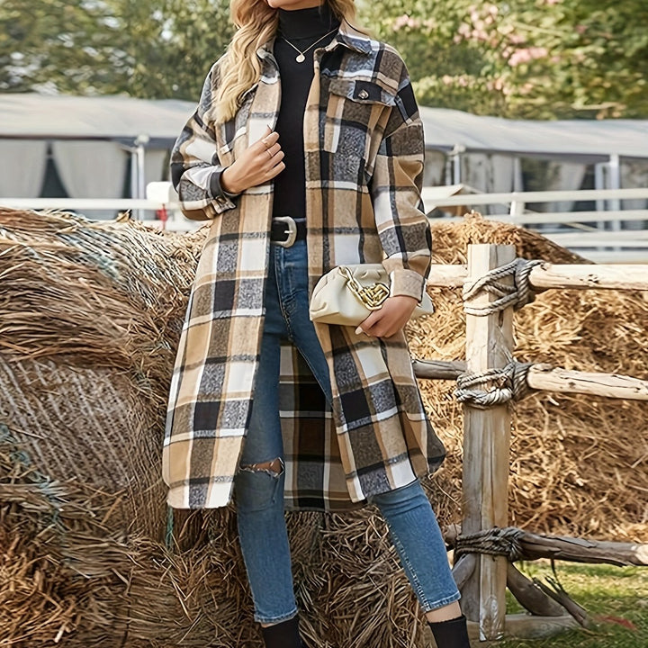 Women's Longline Plaid Button-Front Coat - Khaki