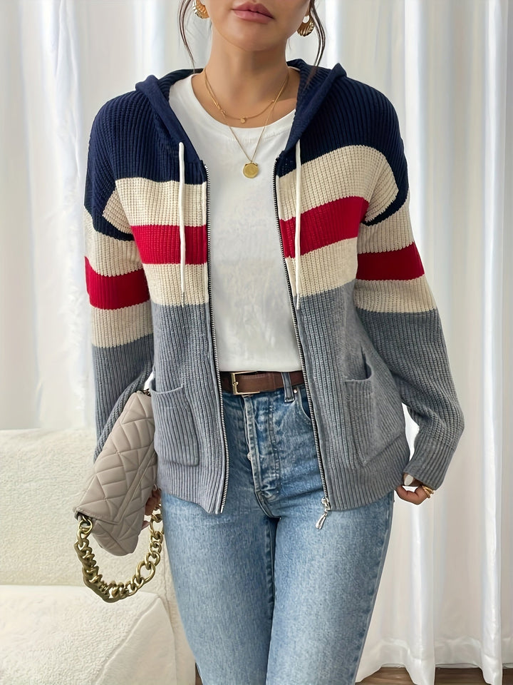 Women's Colour-Block Hooded Zip Cardigan