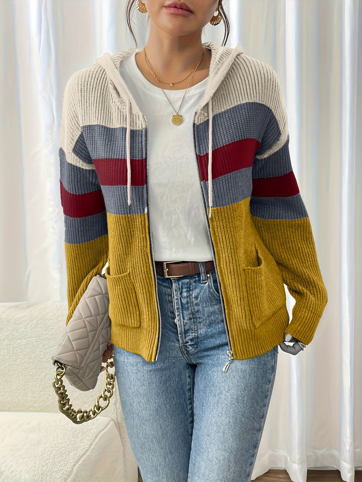 Women's Colour-Block Hooded Zip Cardigan
