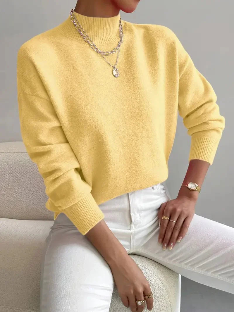 Women's Relaxed Fit High Neck Knitted Jumper with Ribbed Collar and Cuffs