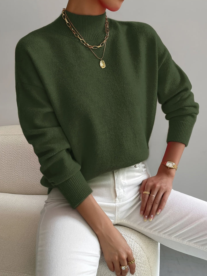 Women's Relaxed Fit High Neck Knitted Jumper with Ribbed Collar and Cuffs