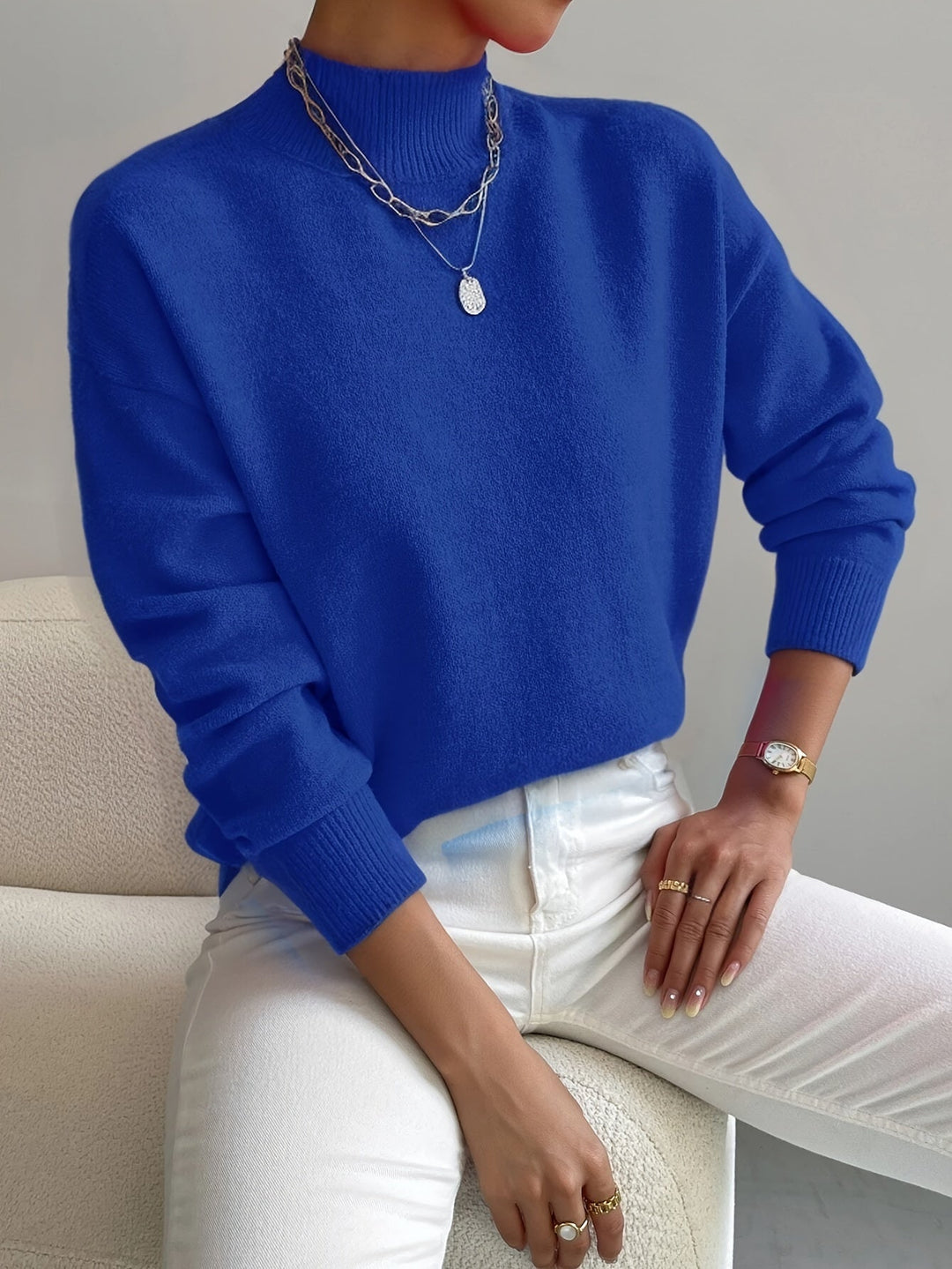 Women's Relaxed Fit High Neck Knitted Jumper with Ribbed Collar and Cuffs