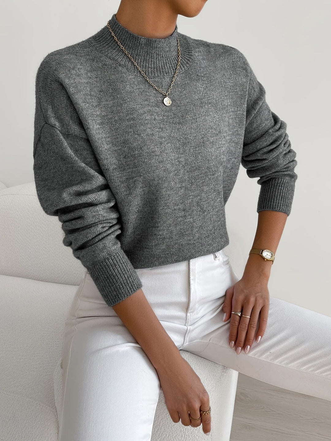 Women's Relaxed Fit High Neck Knitted Jumper with Ribbed Collar and Cuffs