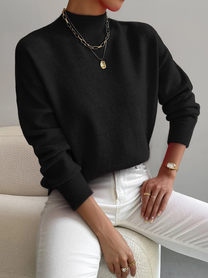 Women's Relaxed Fit High Neck Knitted Jumper with Ribbed Collar and Cuffs