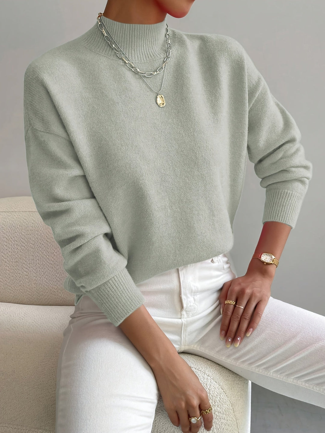 Women's Relaxed Fit High Neck Knitted Jumper with Ribbed Collar and Cuffs