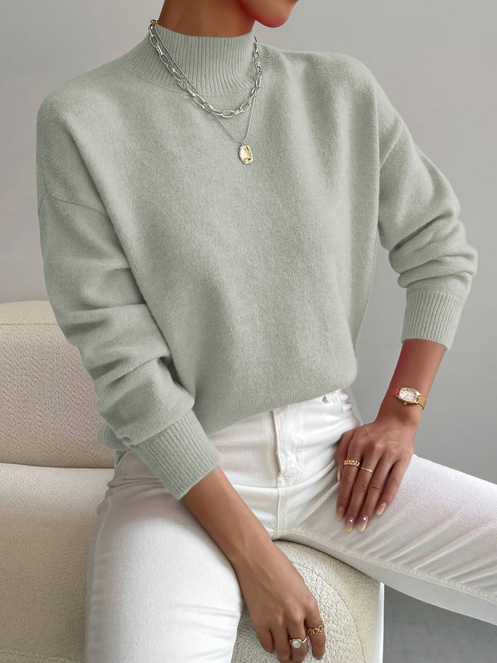 Women's Relaxed Fit High Neck Knitted Jumper with Ribbed Collar and Cuffs