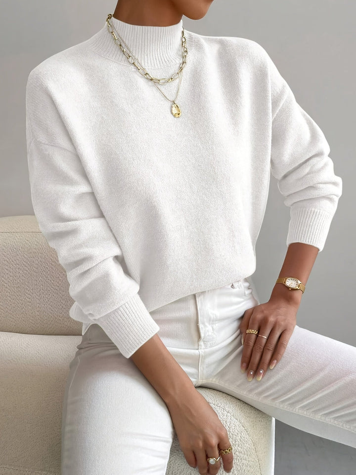 Women's Relaxed Fit High Neck Knitted Jumper with Ribbed Collar and Cuffs