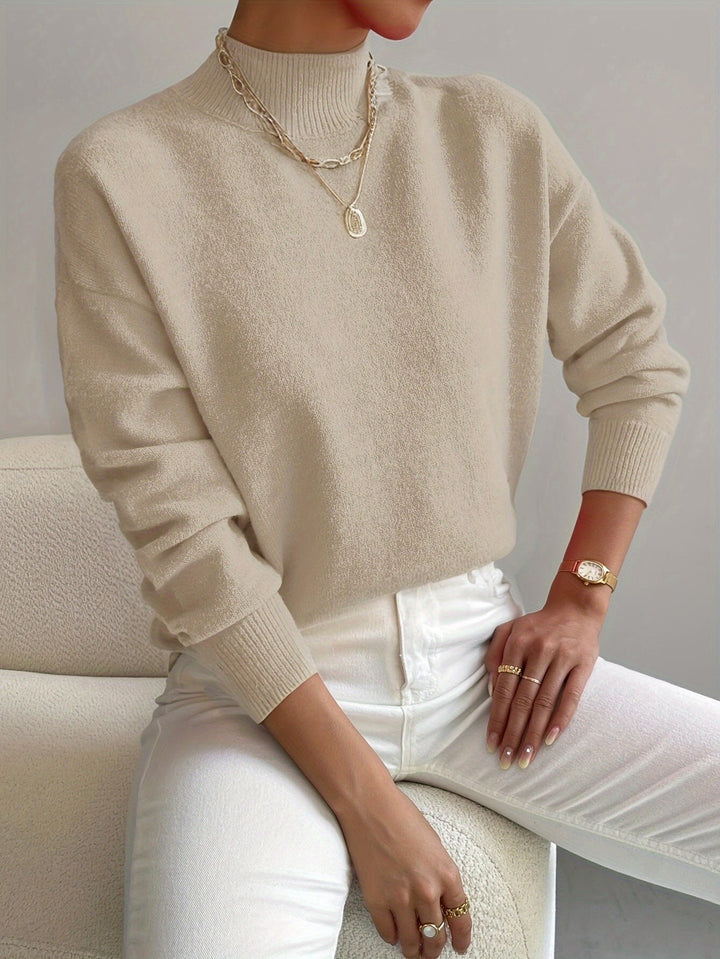 Women's Relaxed Fit High Neck Knitted Jumper with Ribbed Collar and Cuffs