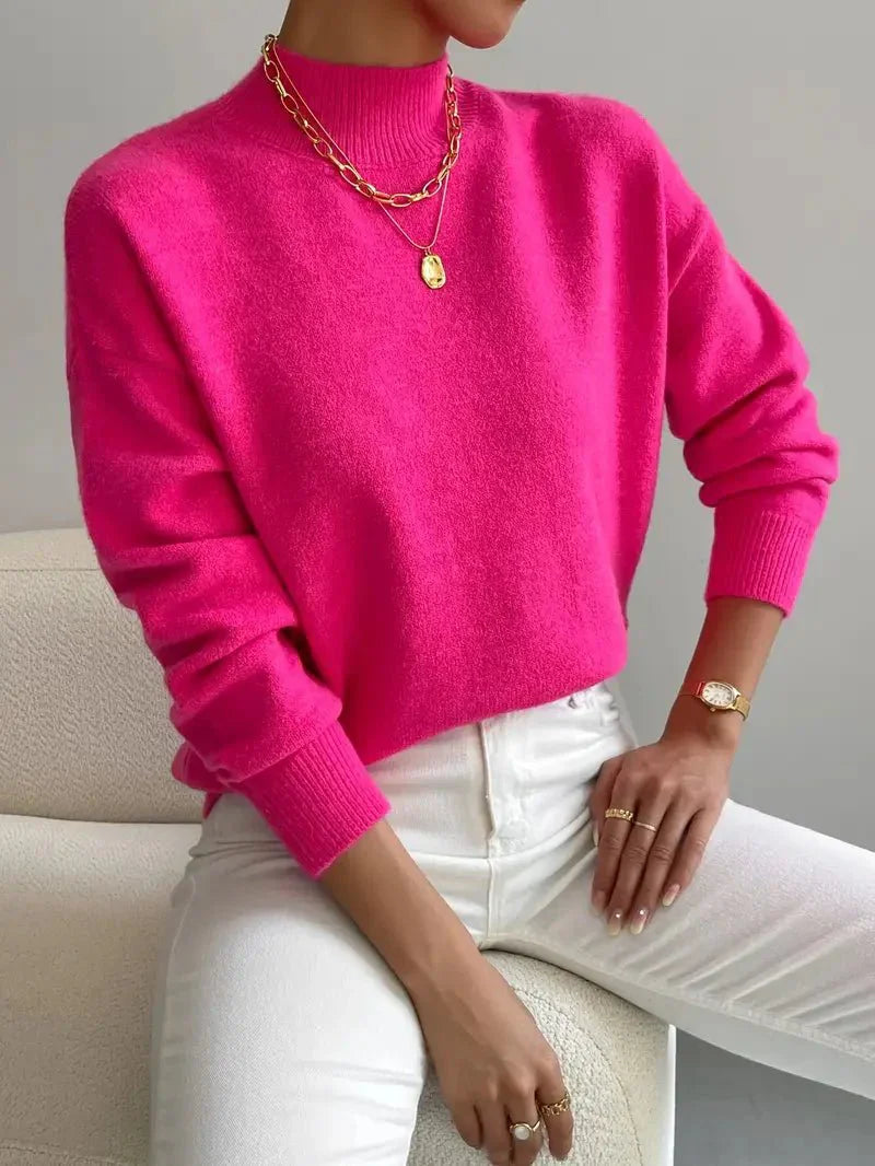 Women's Relaxed Fit High Neck Knitted Jumper with Ribbed Collar and Cuffs