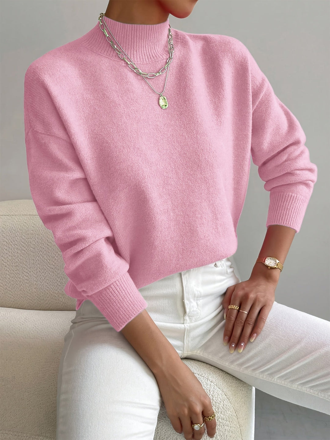 Women's Relaxed Fit High Neck Knitted Jumper with Ribbed Collar and Cuffs