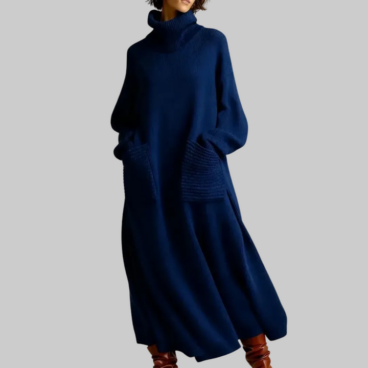 Women's Oversized Knitted Maxi Dress with Roll Neck and Patch Pockets