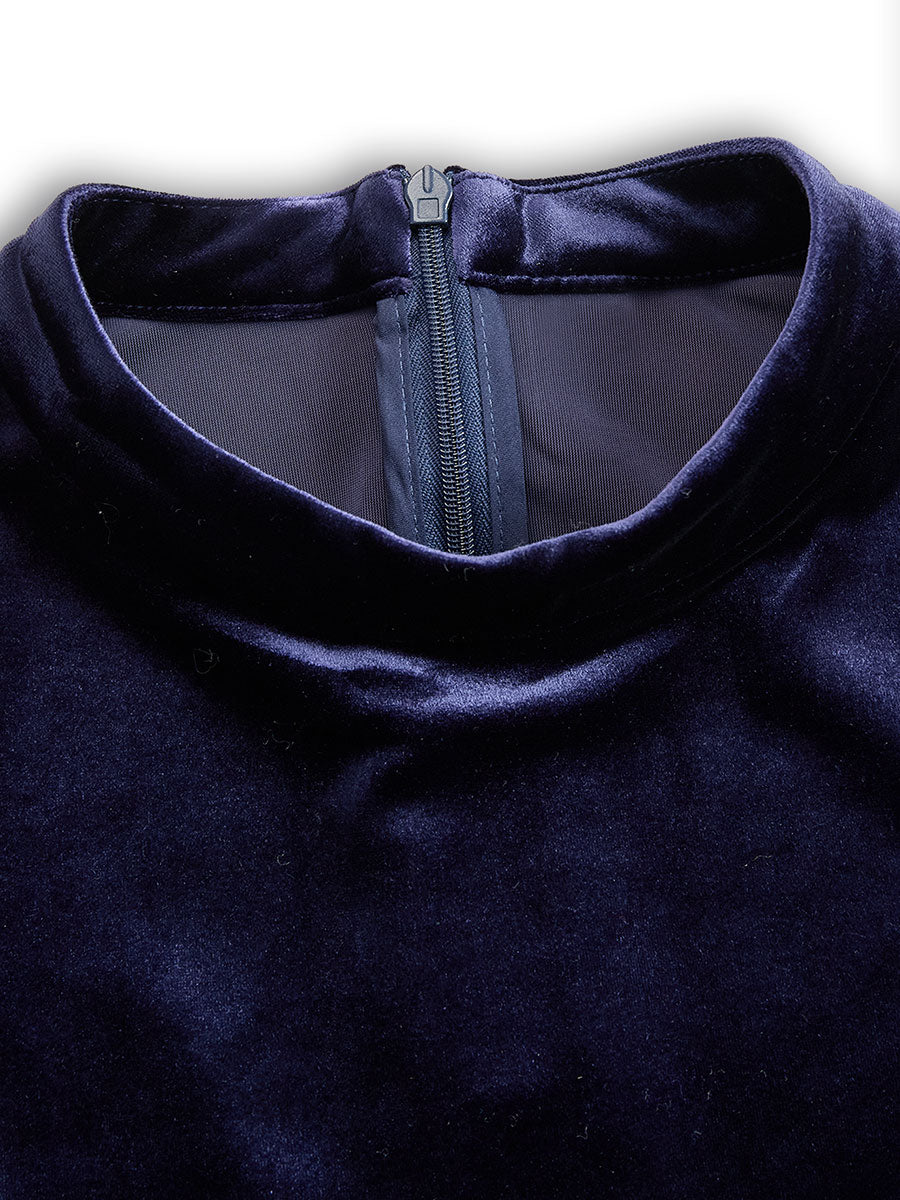 Women's Navy Velvet Long-Sleeve Midi Dress