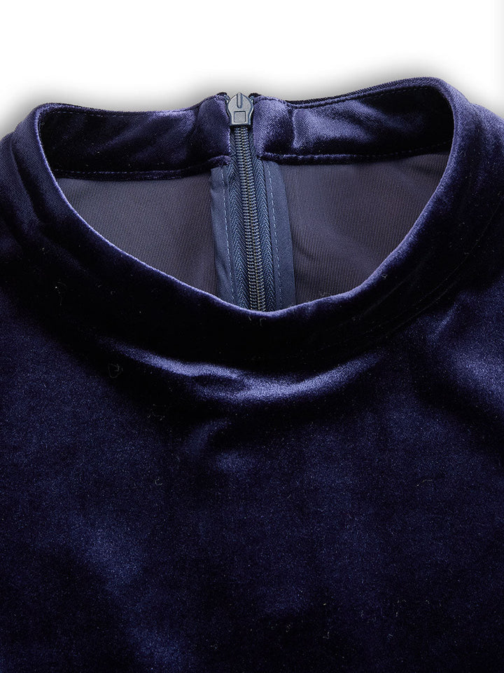 Women's Navy Velvet Long-Sleeve Midi Dress