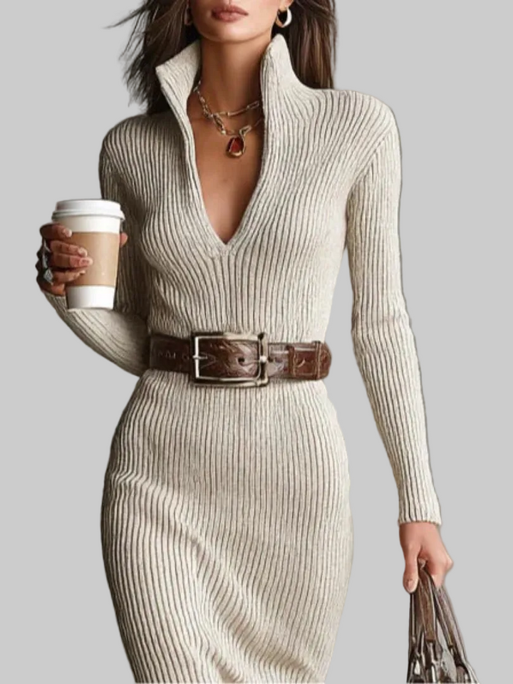 Ribbed Knit Collared Midi Dress