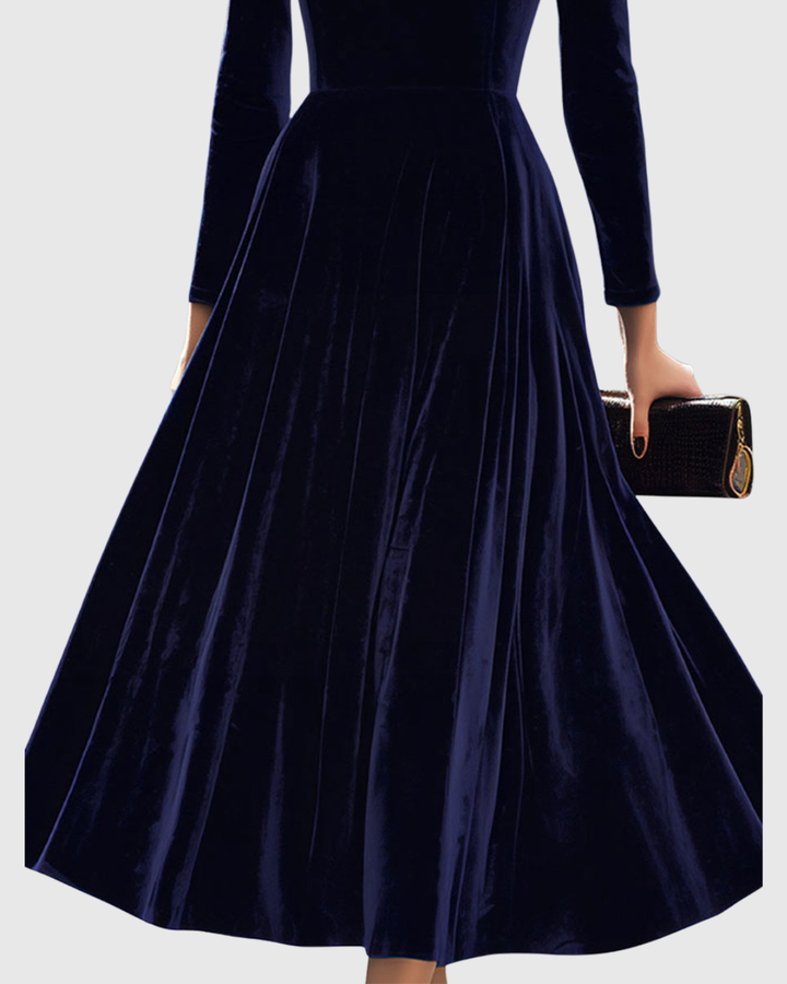 Women's Navy Velvet Long-Sleeve Midi Dress