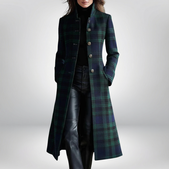 Women's Classic Plaid Structured Long Coat - Green