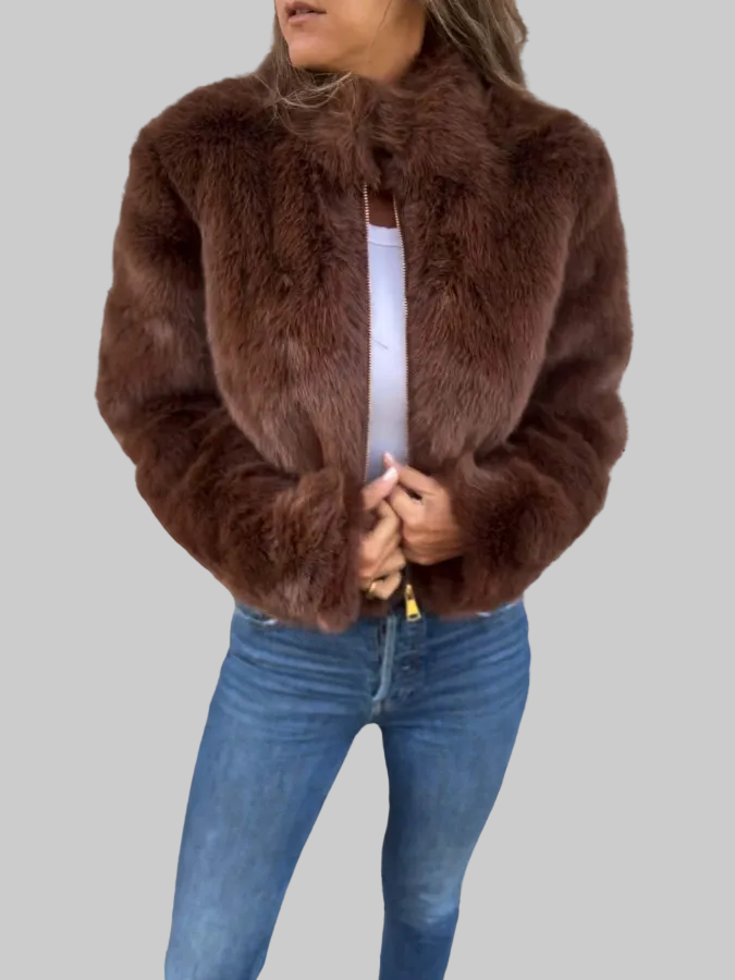 Cropped Plush Zip-Up Jacket with Stand Collar
