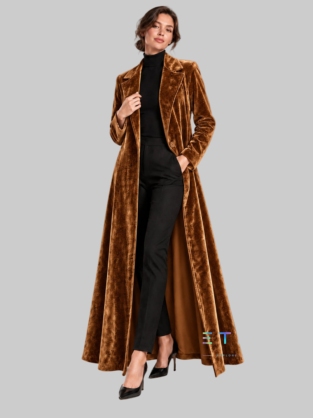 Women's Velvet Open-Front Maxi Coat