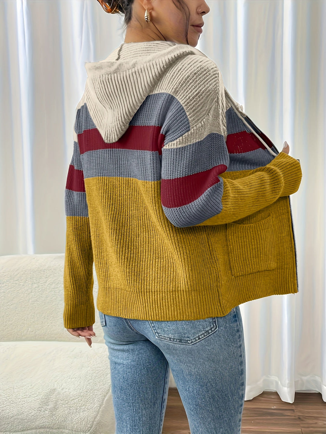 Women's Colour-Block Hooded Zip Cardigan