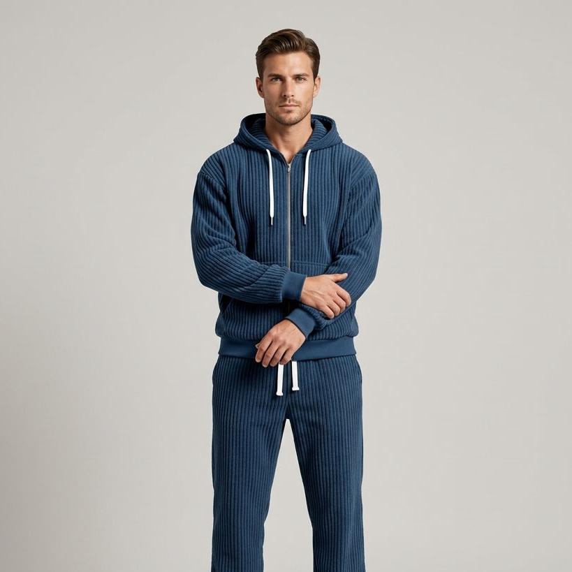 Women's Corduroy Hooded Zip Jacket and Jogger Set - Royal Blue
