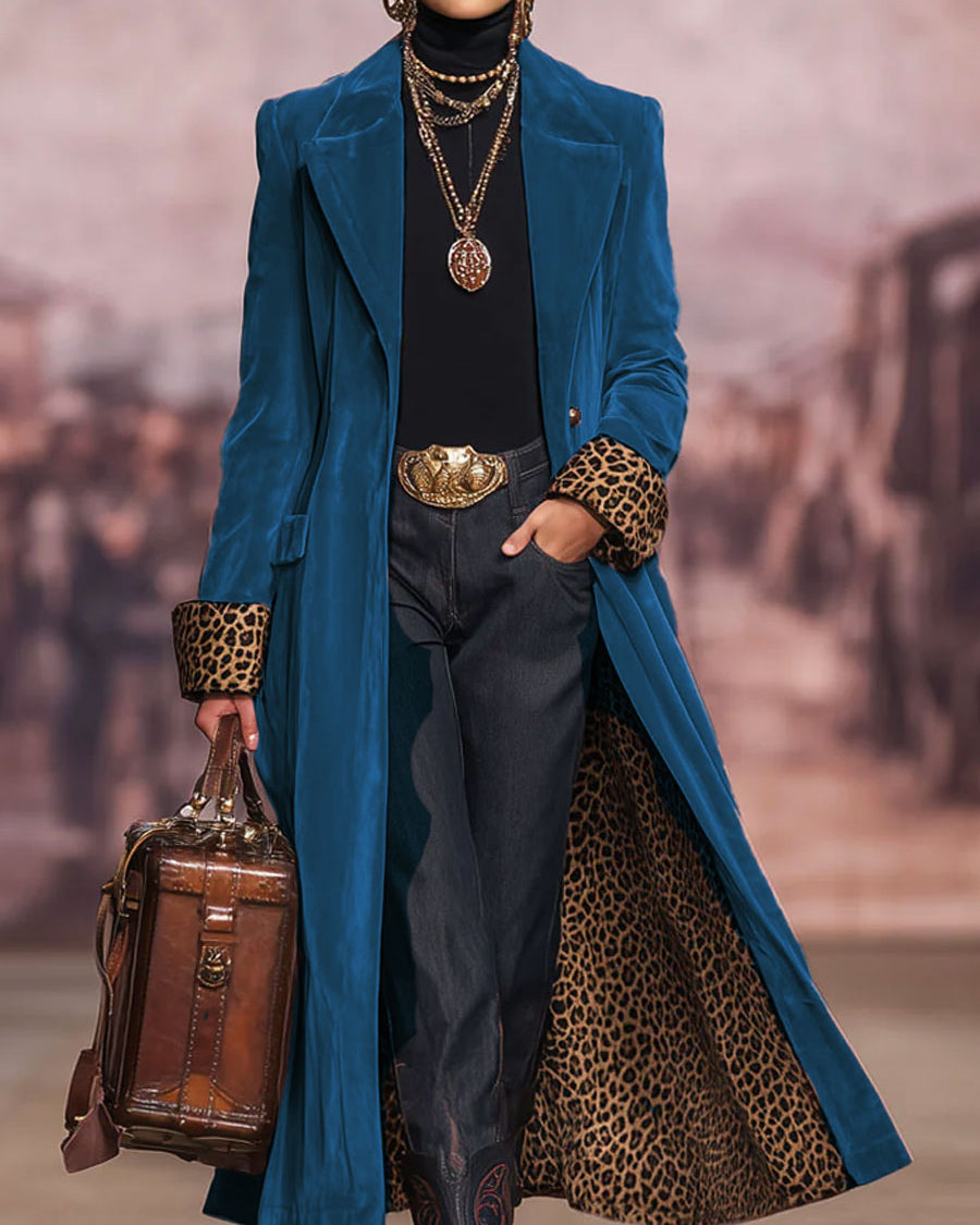 Women’s Long Tailored Coat with Leopard Print Lining