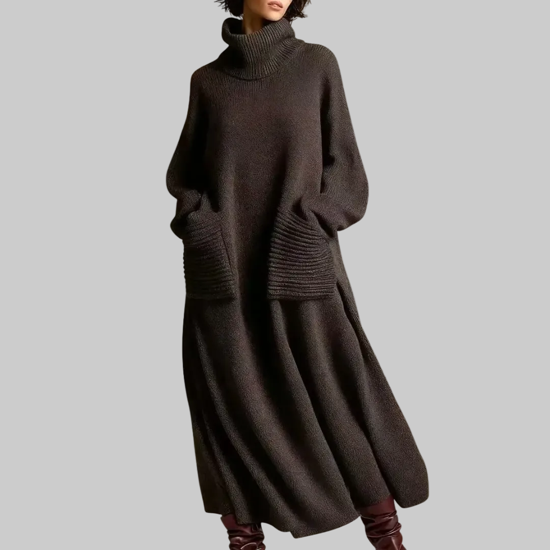 Women's Oversized Knitted Maxi Dress with Roll Neck and Patch Pockets