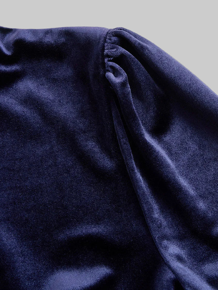 Women's Navy Velvet Long-Sleeve Midi Dress