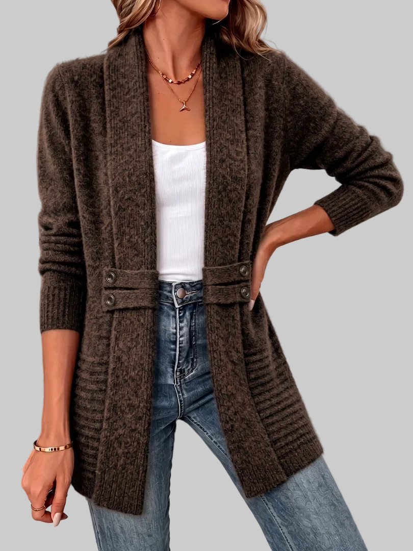 Open-Front Longline Knit Cardigan with Waist Button Detail