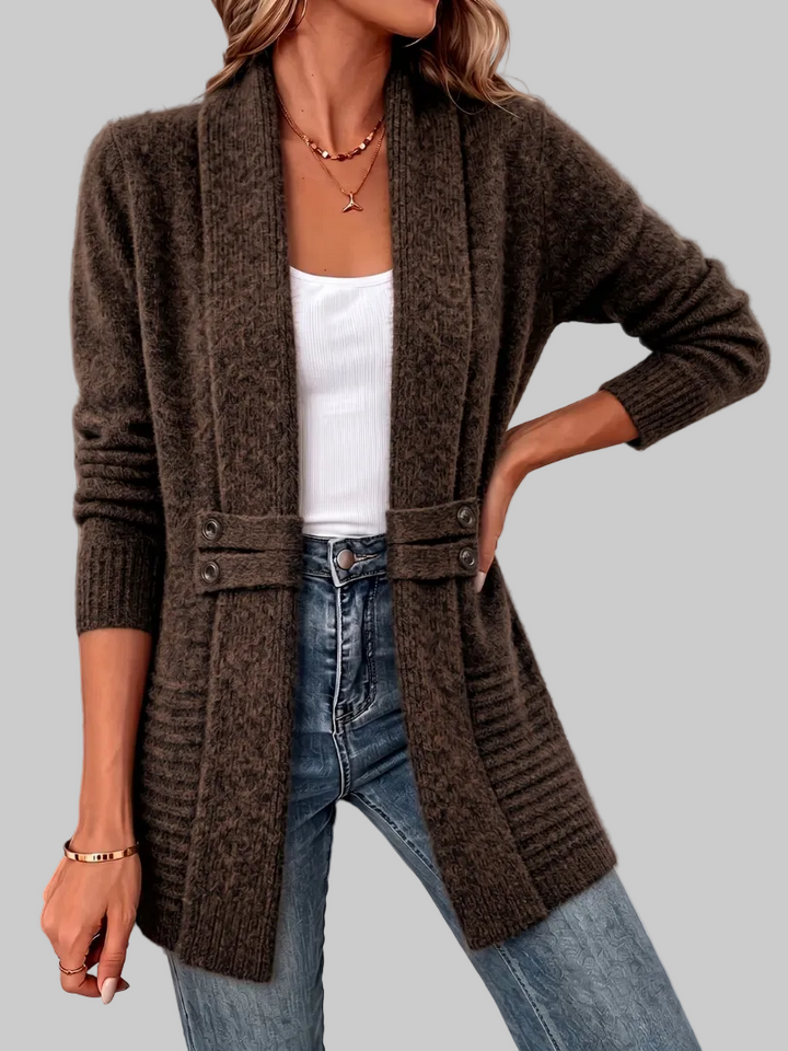 Open-Front Longline Knit Cardigan with Waist Button Detail