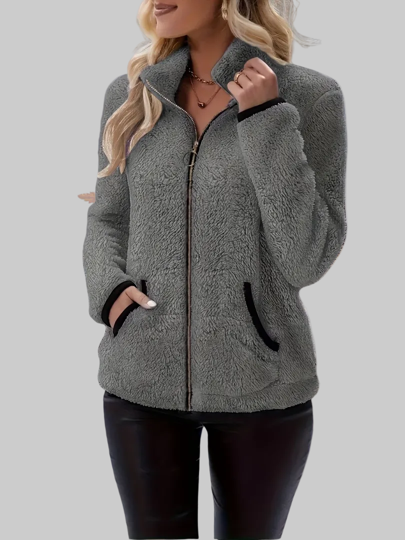 High Collar Sherpa Fleece Jacket with Full Zip and Side Pockets
