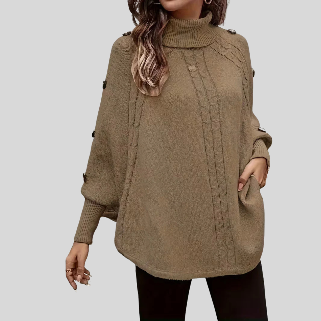 Women's Oversized Cable-Knit High-Neck Jumper - Camel