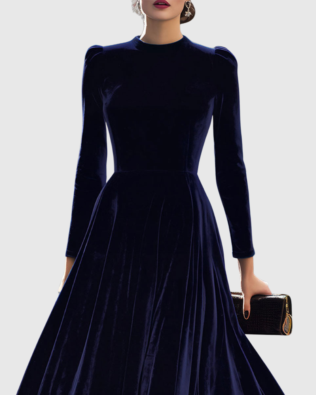 Women's Navy Velvet Long-Sleeve Midi Dress