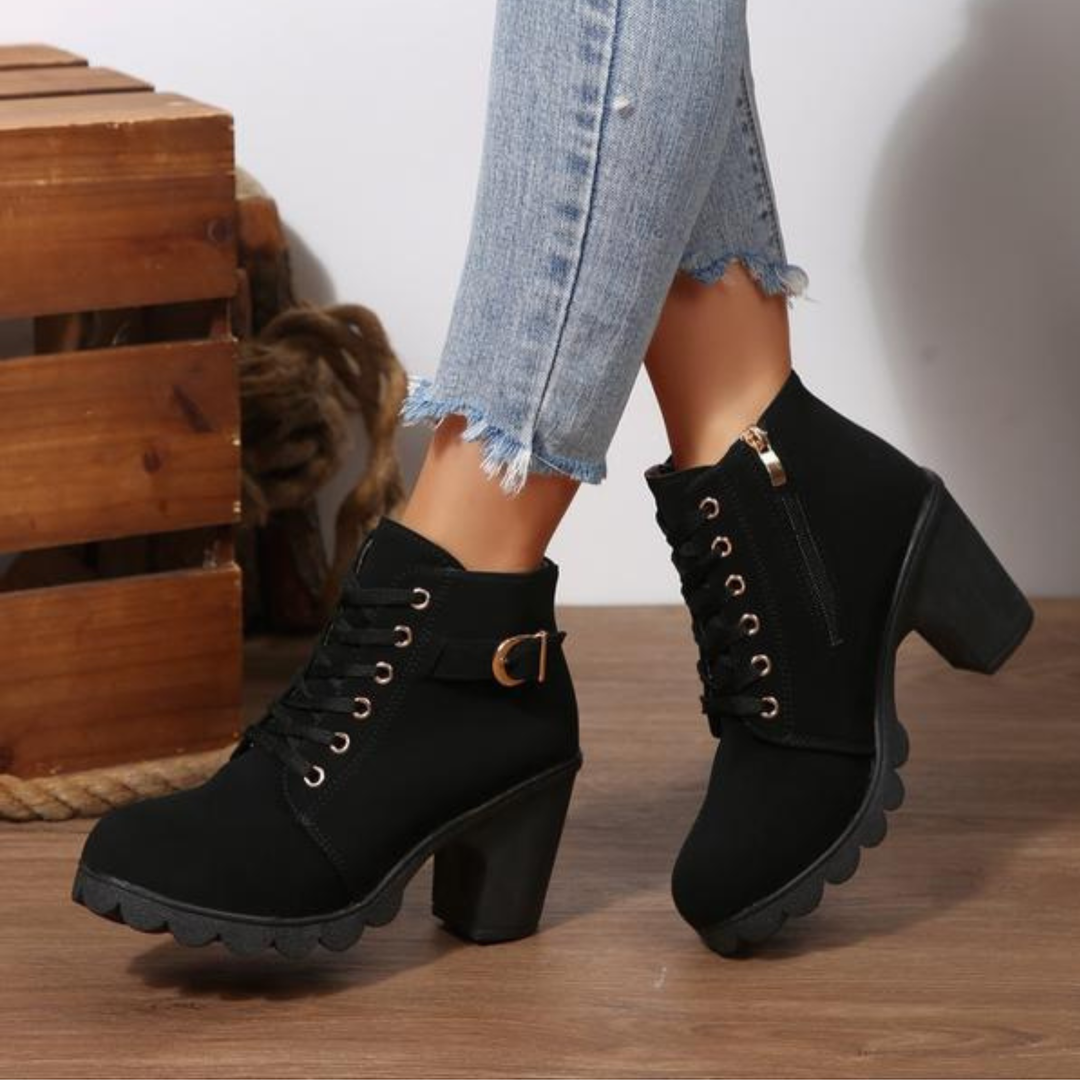 Women's Lace-Up Buckle Chunky Ankle Boots - Black