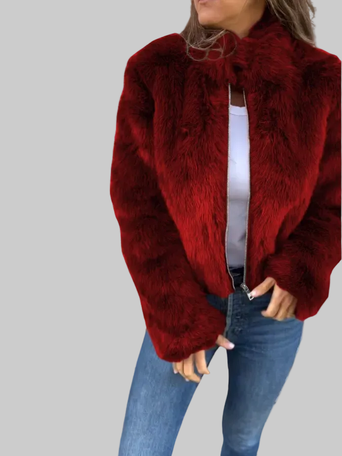 Cropped Plush Zip-Up Jacket with Stand Collar