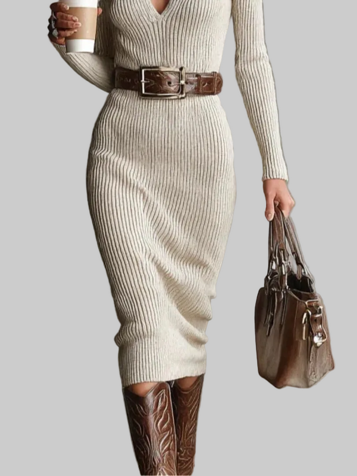 Ribbed Knit Collared Midi Dress