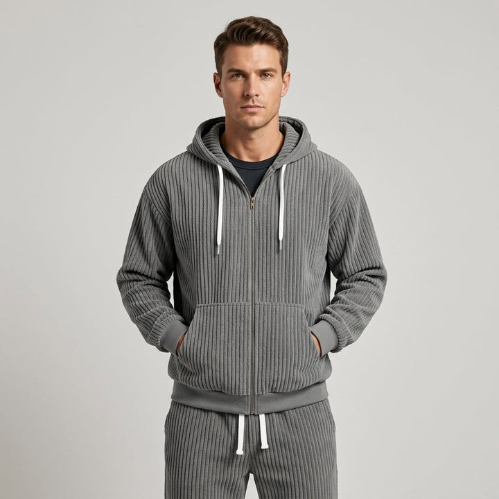Women's Corduroy Hooded Zip Jacket and Jogger Set - Gray