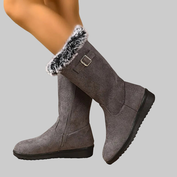 Fur-Lined Mid-Calf Winter Boots with Buckle Detail