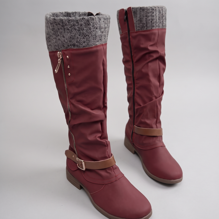Women's Knit Cuff Knee High Boots - Burgundy